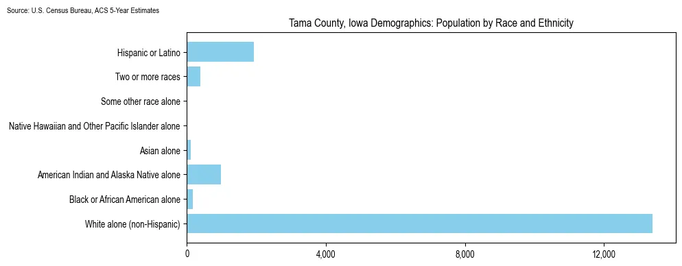 Population by race and ethnicity in Tama County, Iowa based on 2023 U.S. Census Bureau ACS data