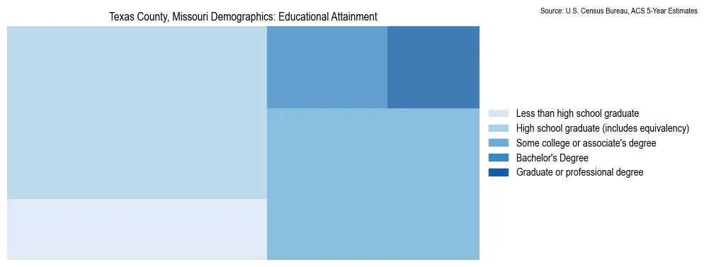 Educational attainment levels of the population in Texas County, Missouri based on 2023 American Community Survey (ACS) data