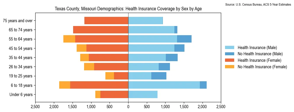 Health insurance coverage by age and sex in Texas County, Missouri from the 2023 ACS