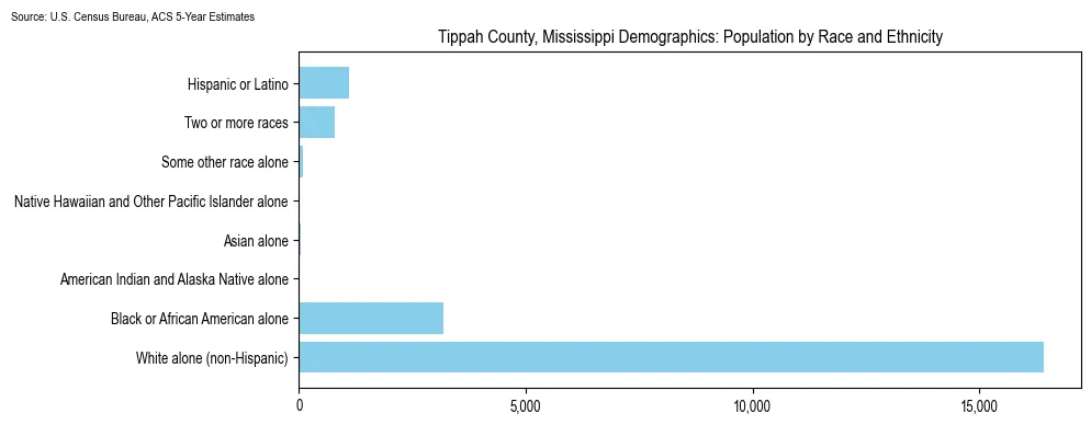 Population by race and ethnicity in Tippah County, Mississippi based on 2023 U.S. Census Bureau ACS data