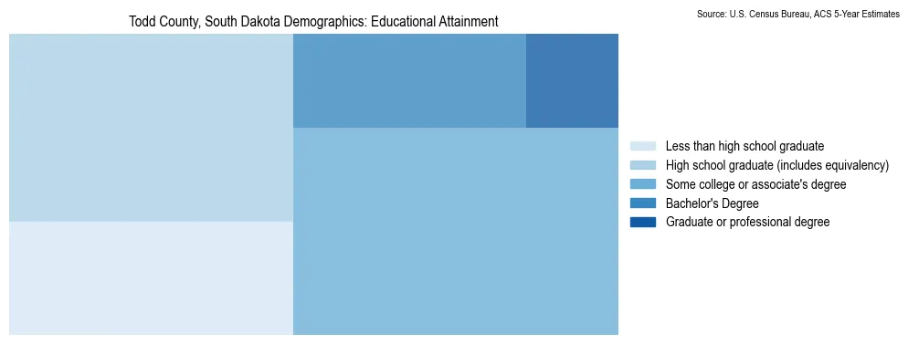 Educational attainment levels of the population in Todd County, South Dakota based on 2023 American Community Survey (ACS) data