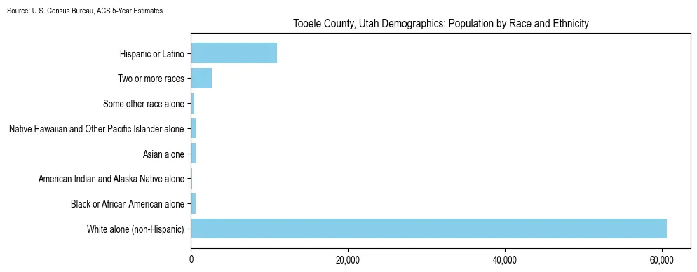 Population by race and ethnicity in Tooele County, Utah based on 2023 U.S. Census Bureau ACS data