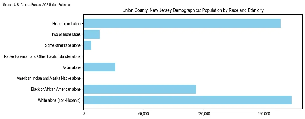 Population by race and ethnicity in Union County, New Jersey based on 2023 U.S. Census Bureau ACS data