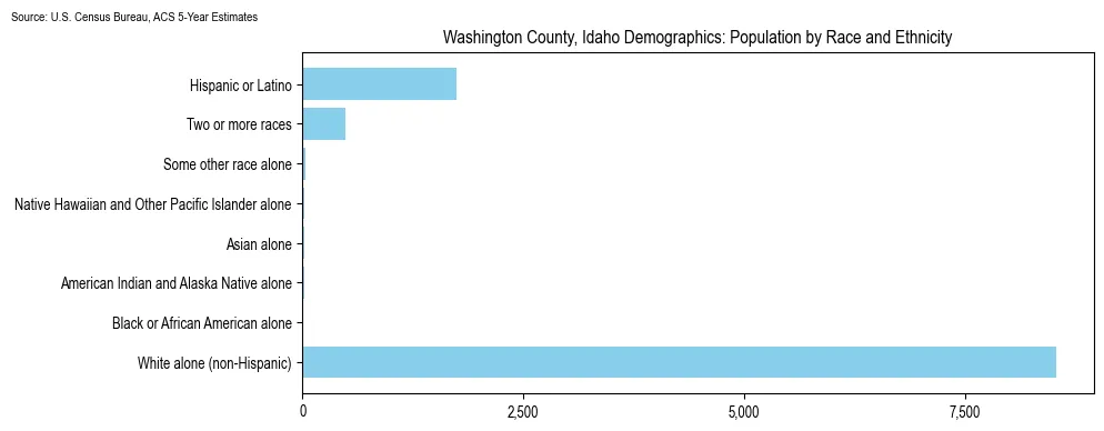 Population by race and ethnicity in Washington County, Idaho based on 2023 U.S. Census Bureau ACS data