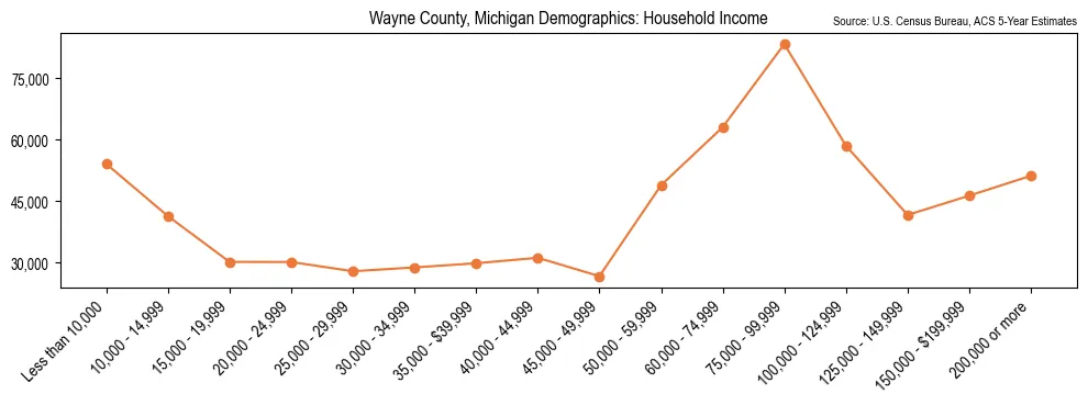 Median and distribution of household income in Wayne County, Michigan based on 2023 American Community Survey (ACS)