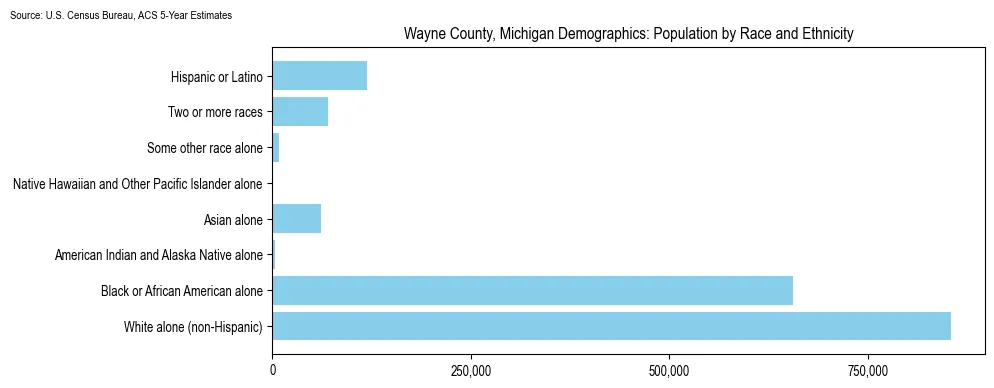 Population by race and ethnicity in Wayne County, Michigan based on 2023 U.S. Census Bureau ACS data