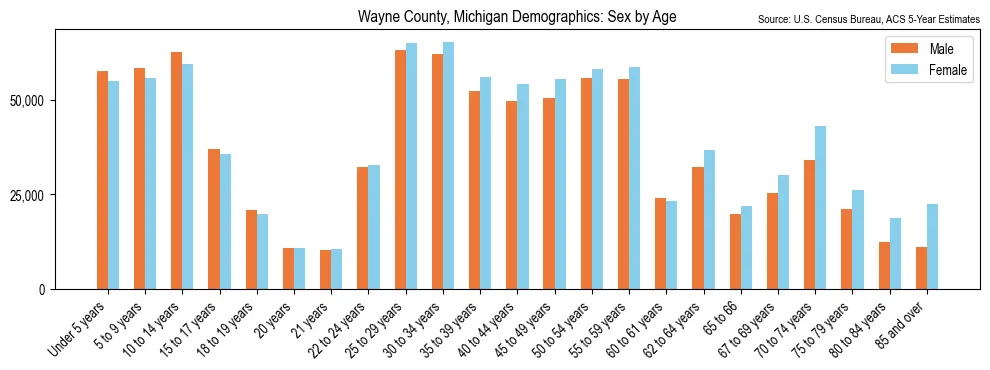 Population by age and sex in Wayne County, Michigan, based on 2023 ACS data