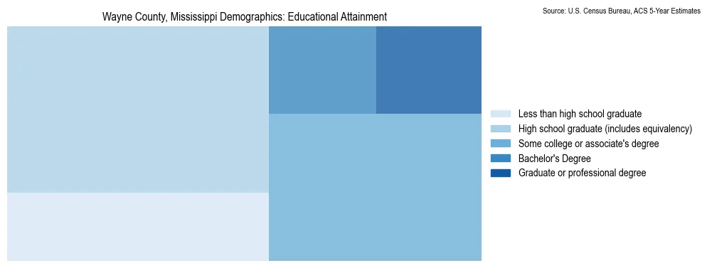 Educational attainment levels of the population in Wayne County, Mississippi based on 2023 American Community Survey (ACS) data