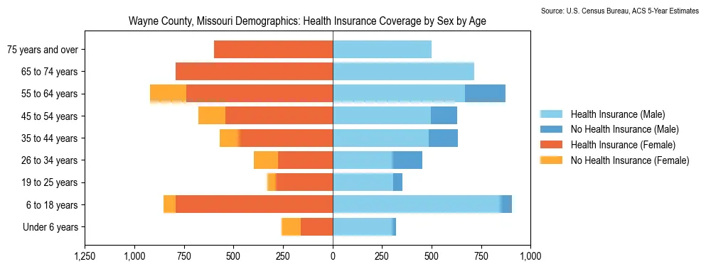 Health insurance coverage by age and sex in Wayne County, Missouri from the 2023 ACS