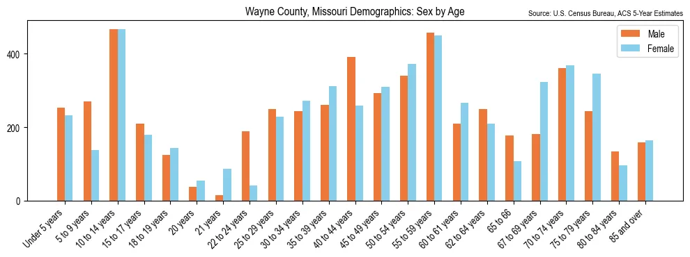 Population by age and sex in Wayne County, Missouri, based on 2023 ACS data