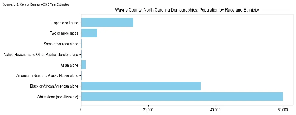 Population by race and ethnicity in Wayne County, North Carolina based on 2023 U.S. Census Bureau ACS data