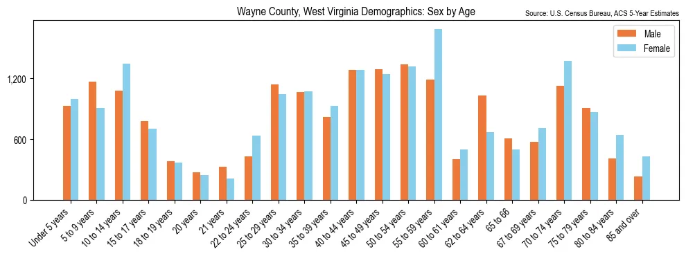 Population by age and sex in Wayne County, West Virginia, based on 2023 ACS data