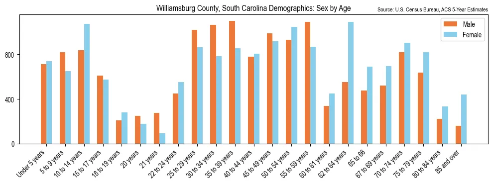Population by age and sex in Williamsburg County, South Carolina, based on 2023 ACS data