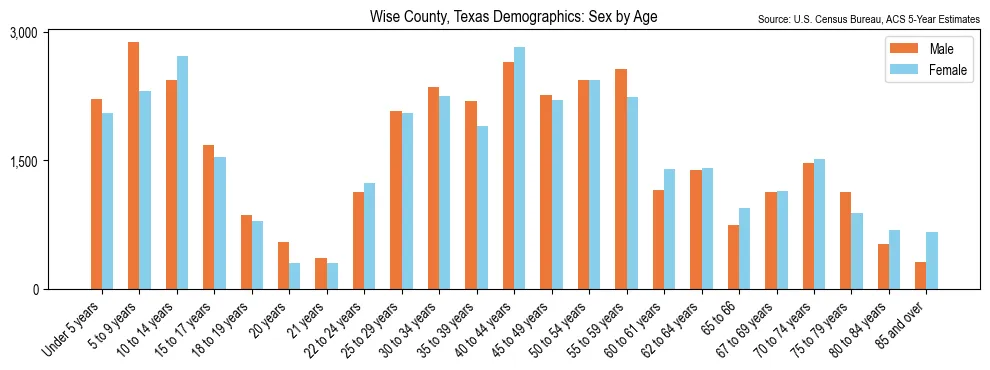 Population by age and sex in Wise County, Texas, based on 2023 ACS data