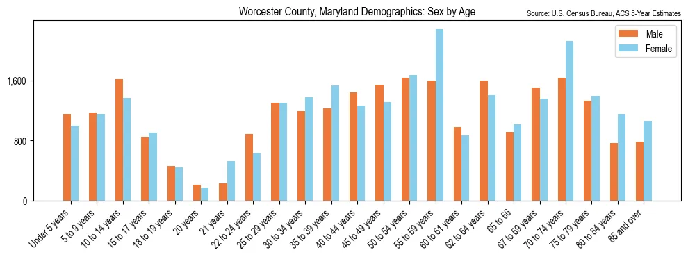 Population by age and sex in Worcester County, Maryland, based on 2023 ACS data