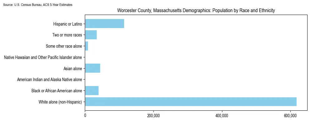 Population by race and ethnicity in Worcester County, Massachusetts based on 2023 U.S. Census Bureau ACS data