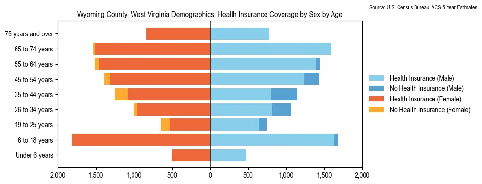 Health insurance coverage by age and sex in Wyoming County, West Virginia from the 2023 ACS