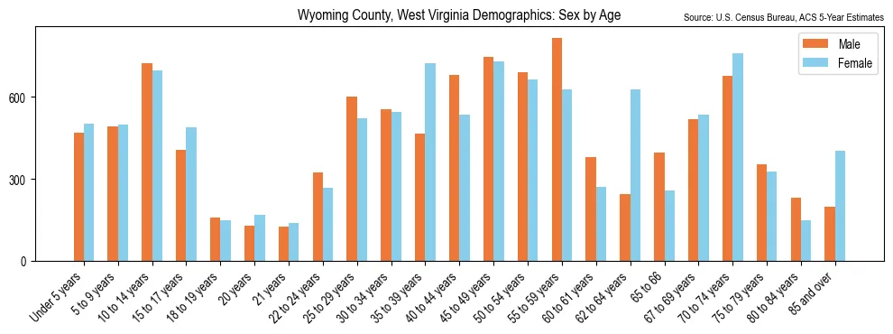 Population by age and sex in Wyoming County, West Virginia, based on 2023 ACS data