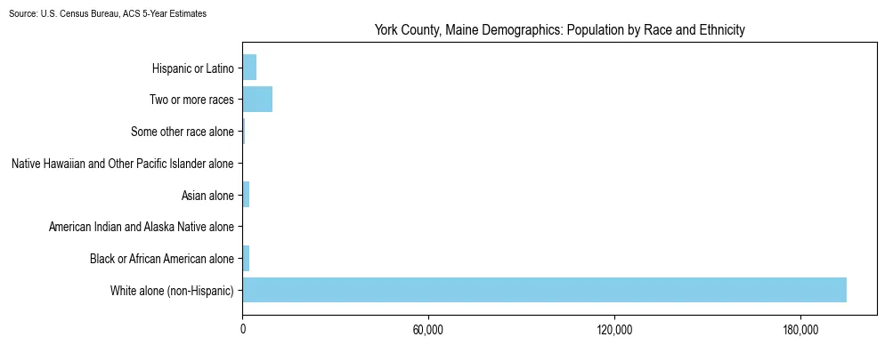 Population by race and ethnicity in York County, Maine based on 2023 U.S. Census Bureau ACS data