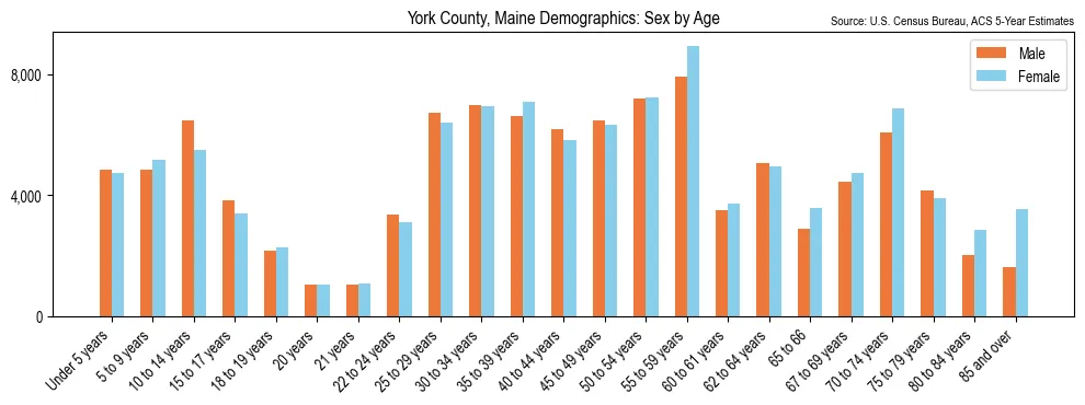 Population by age and sex in York County, Maine, based on 2023 ACS data