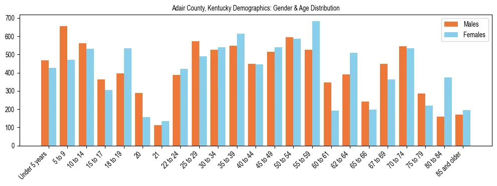 Bar chart showing the population distribution of Adair County, Kentucky by age group and gender, based on 2023 ACS data.