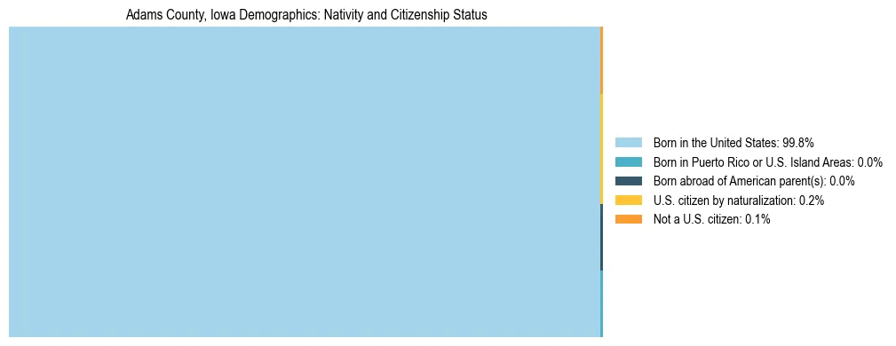 Treemap showing the population distribution by nativity and citizenship status in Adams County, Iowa based on U.S. Census data.