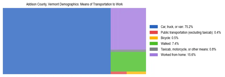 Treemap showing means of transportation to work distribution in Addison County, Vermont.