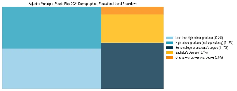 Treemap chart illustrating the educational attainment breakdown for population 25 years and over in Adjuntas Municipio, Puerto Rico.