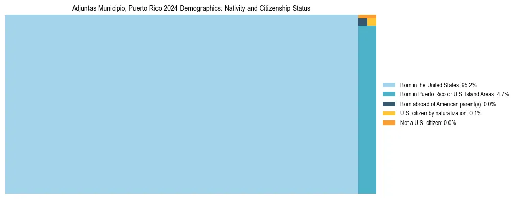 Treemap showing the population distribution by nativity and citizenship status in Adjuntas Municipio, Puerto Rico based on U.S. Census data.