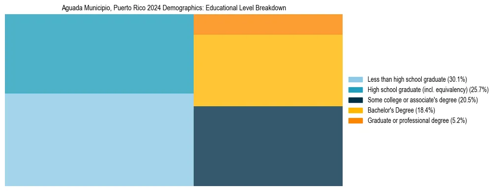 Treemap chart illustrating the educational attainment breakdown for population 25 years and over in Aguada Municipio, Puerto Rico.