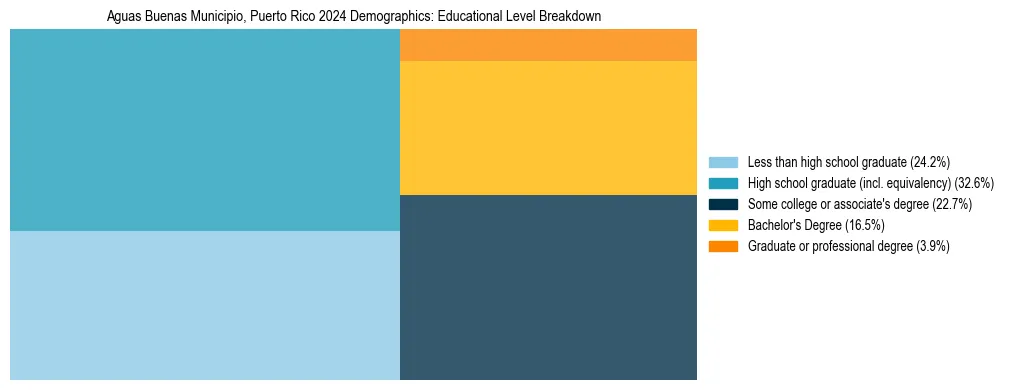 Treemap chart illustrating the educational attainment breakdown for population 25 years and over in Aguas Buenas Municipio, Puerto Rico.