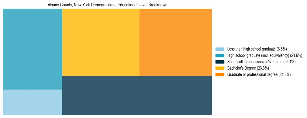 Treemap chart illustrating the educational attainment breakdown for population 25 years and over in Albany County, New York.