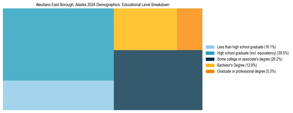 Treemap chart illustrating the educational attainment breakdown for population 25 years and over in Aleutians East Borough, Alaska.