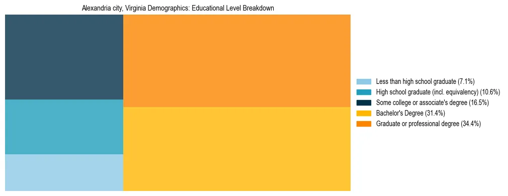Treemap chart illustrating the educational attainment breakdown for population 25 years and over in Alexandria city, Virginia.