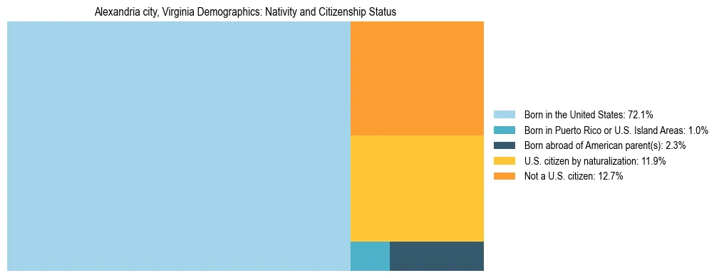 Treemap showing the population distribution by nativity and citizenship status in Alexandria city, Virginia based on U.S. Census data.