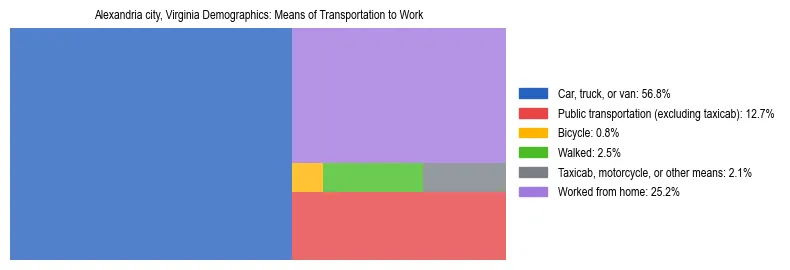 Treemap showing means of transportation to work distribution in Alexandria city, Virginia.