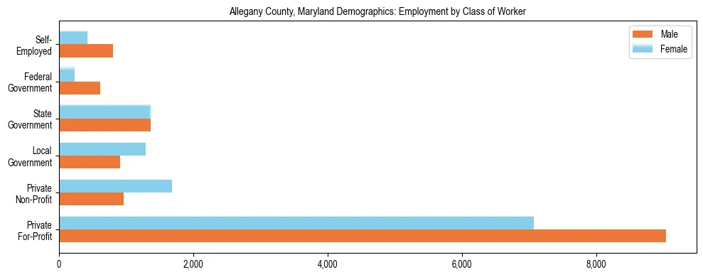 Horizontal bar chart showing employment distribution by class of worker and gender in Allegany County, Maryland, based on 2023 ACS data.