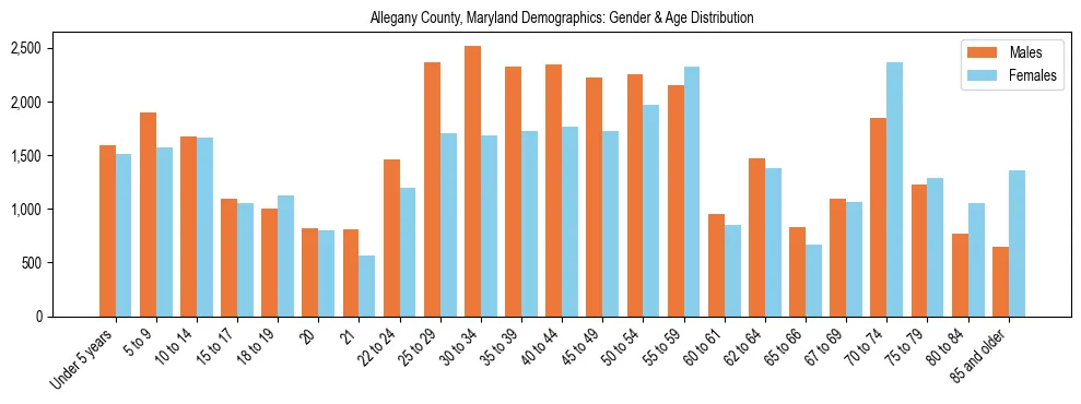 Bar chart showing the population distribution of Allegany County, Maryland by age group and gender, based on 2023 ACS data.