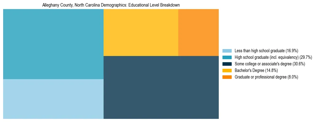 Treemap chart illustrating the educational attainment breakdown for population 25 years and over in Alleghany County, North Carolina.