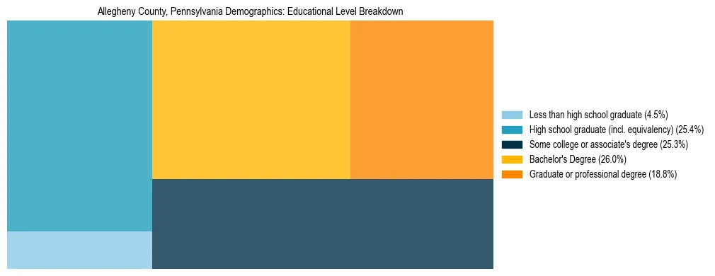 Treemap chart illustrating the educational attainment breakdown for population 25 years and over in Allegheny County, Pennsylvania.