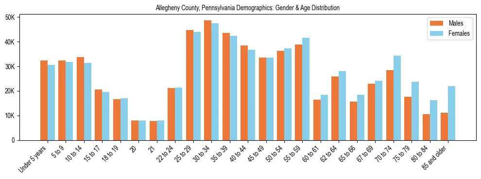 Bar chart showing the population distribution of Allegheny County, Pennsylvania by age group and gender, based on 2023 ACS data.