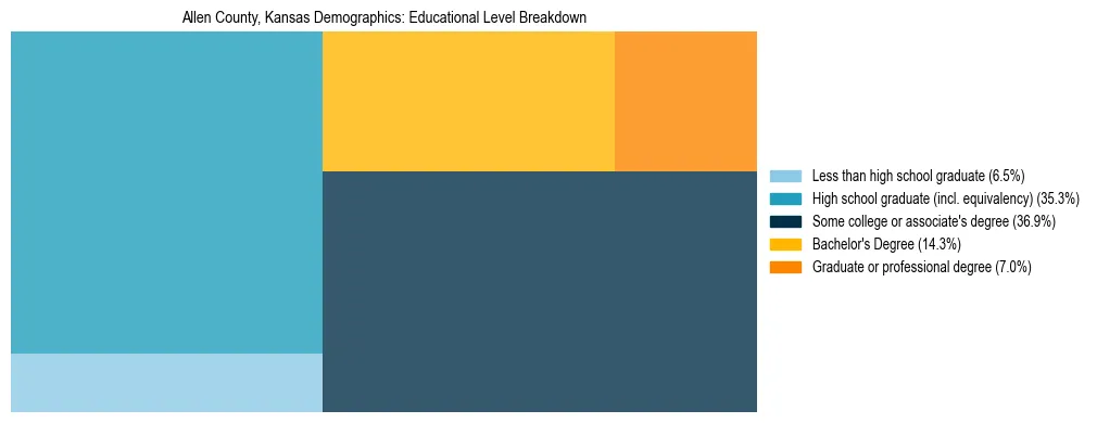 Treemap chart illustrating the educational attainment breakdown for population 25 years and over in Allen County, Kansas.