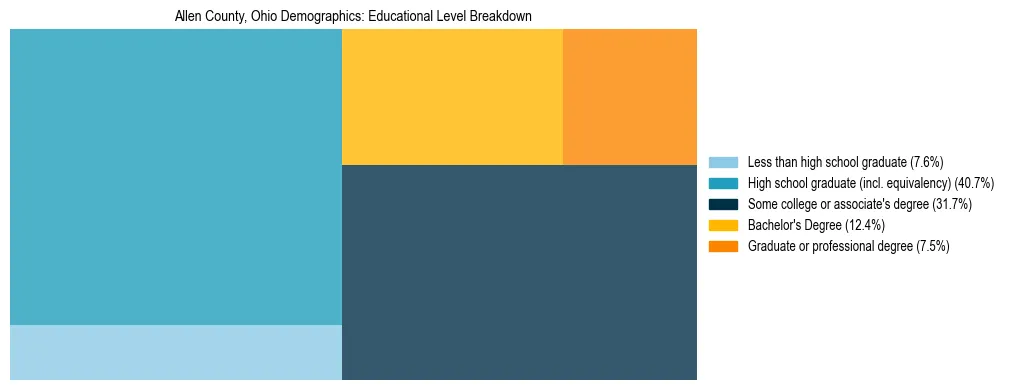 Treemap chart illustrating the educational attainment breakdown for population 25 years and over in Allen County, Ohio.