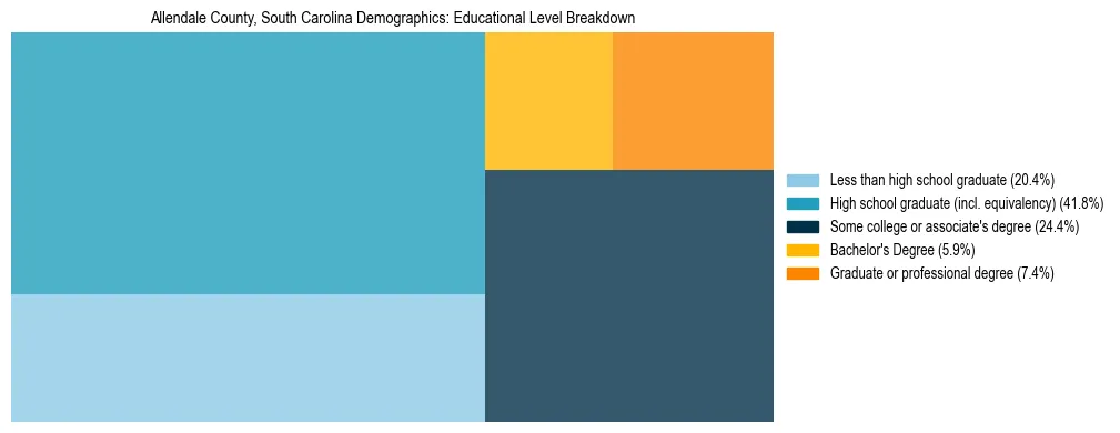 Treemap chart illustrating the educational attainment breakdown for population 25 years and over in Allendale County, South Carolina.