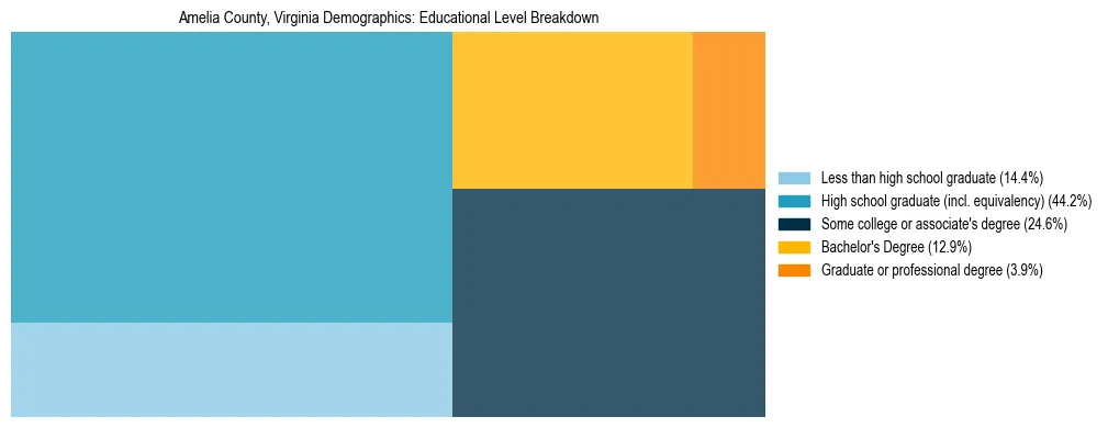Treemap chart illustrating the educational attainment breakdown for population 25 years and over in Amelia County, Virginia.