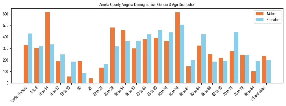 Bar chart showing the population distribution of Amelia County, Virginia by age group and gender, based on 2023 ACS data.
