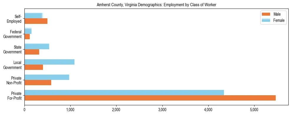 Horizontal bar chart showing employment distribution by class of worker and gender in Amherst County, Virginia, based on 2023 ACS data.