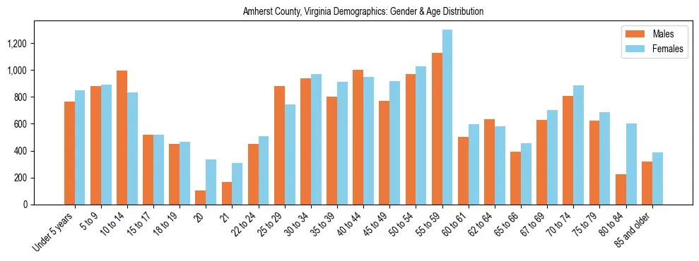Bar chart showing the population distribution of Amherst County, Virginia by age group and gender, based on 2023 ACS data.