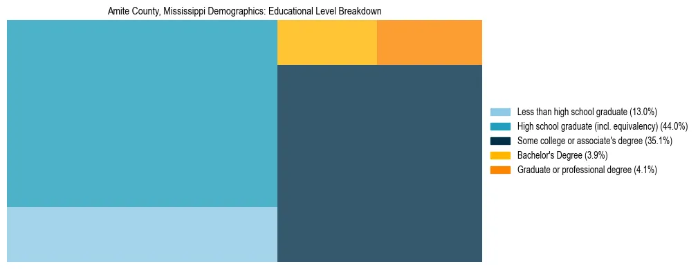 Treemap chart illustrating the educational attainment breakdown for population 25 years and over in Amite County, Mississippi.