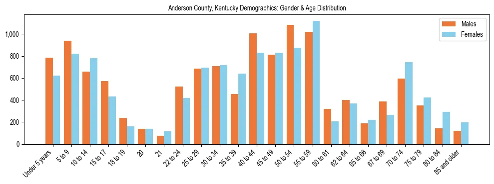 Bar chart showing the population distribution of Anderson County, Kentucky by age group and gender, based on 2023 ACS data.